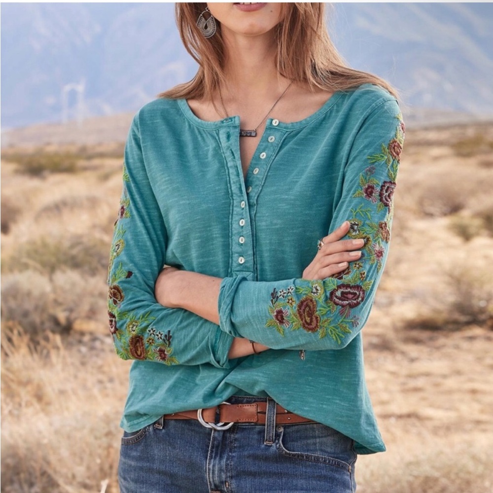 Sundance Teal Embroidered Henley Long Sleeve Tee